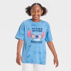Girls' Lilo & Stitch Ohana Short Sleeve AOP Graphic T-Shirt - Blue - 1 of 4