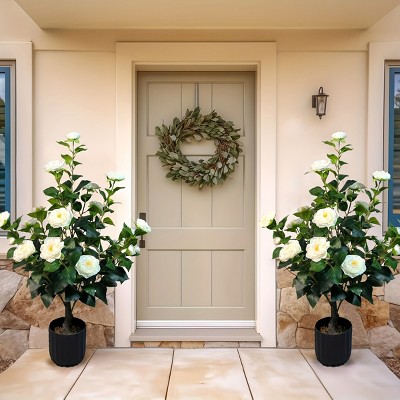 Syemin Artificial Plants 2pcs 3ft Artificial Camellia Trees Indoor Outdoor Faux Potted Plant for Home Decor Chr, Beige, 5.51"*5.51"*35.43"