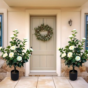 Syemin Artificial Plants 2pcs 3ft Artificial Camellia Trees Indoor Outdoor Faux Potted Plant for Home Decor Chr, Beige, 5.51"*5.51"*35.43" - 1 of 4