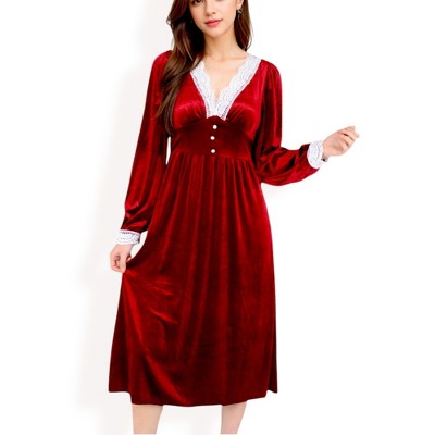 Anna-Kaci Women's Velvet Dress with Lace Trim and Button Detail