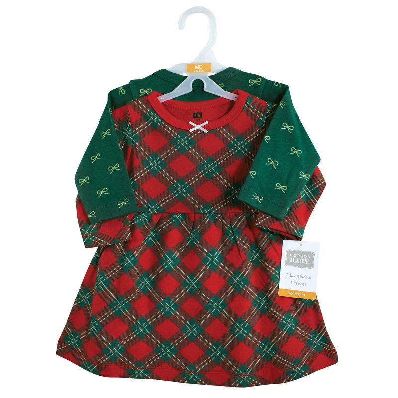 Hudson Baby Infant and Toddler Girl Cotton Dresses, Christmas Plaid, 2 of 5