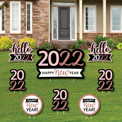 Big Dot of Happiness Rose Gold Happy New Year - Yard Sign and Outdoor Lawn Decorations - 2022 New Year's Eve Party Yard Signs - Set of 8