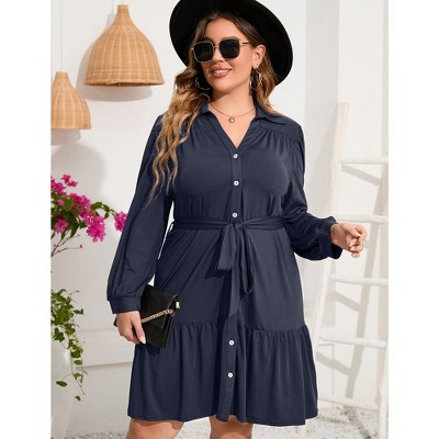 Whizmax Women's Plus Size Dress Long Sleeve Button Front Belted Shirt Dress  V Neck Ruffle Midi A Line Shirt Dress Navy Blue 3xl : Target