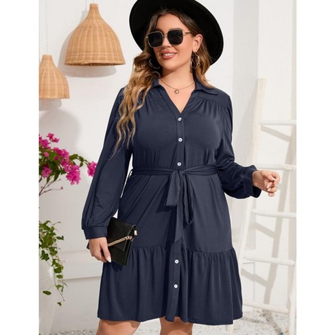 WhizMax Women's Plus Size Dress Long Sleeve Button Front Belted Shirt Dress  V Neck Ruffle Midi A Line Shirt Dress Navy Blue 3XL