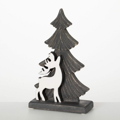 13"H Sullivans Christmas White Wood Deer Tabletop Tree  Grey-White