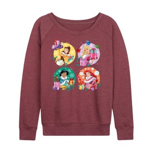 Women's - Disney - Princess Christmas Grid Lightweight French Terry Wide Neck Long Sleeve Shirt - 1 of 4