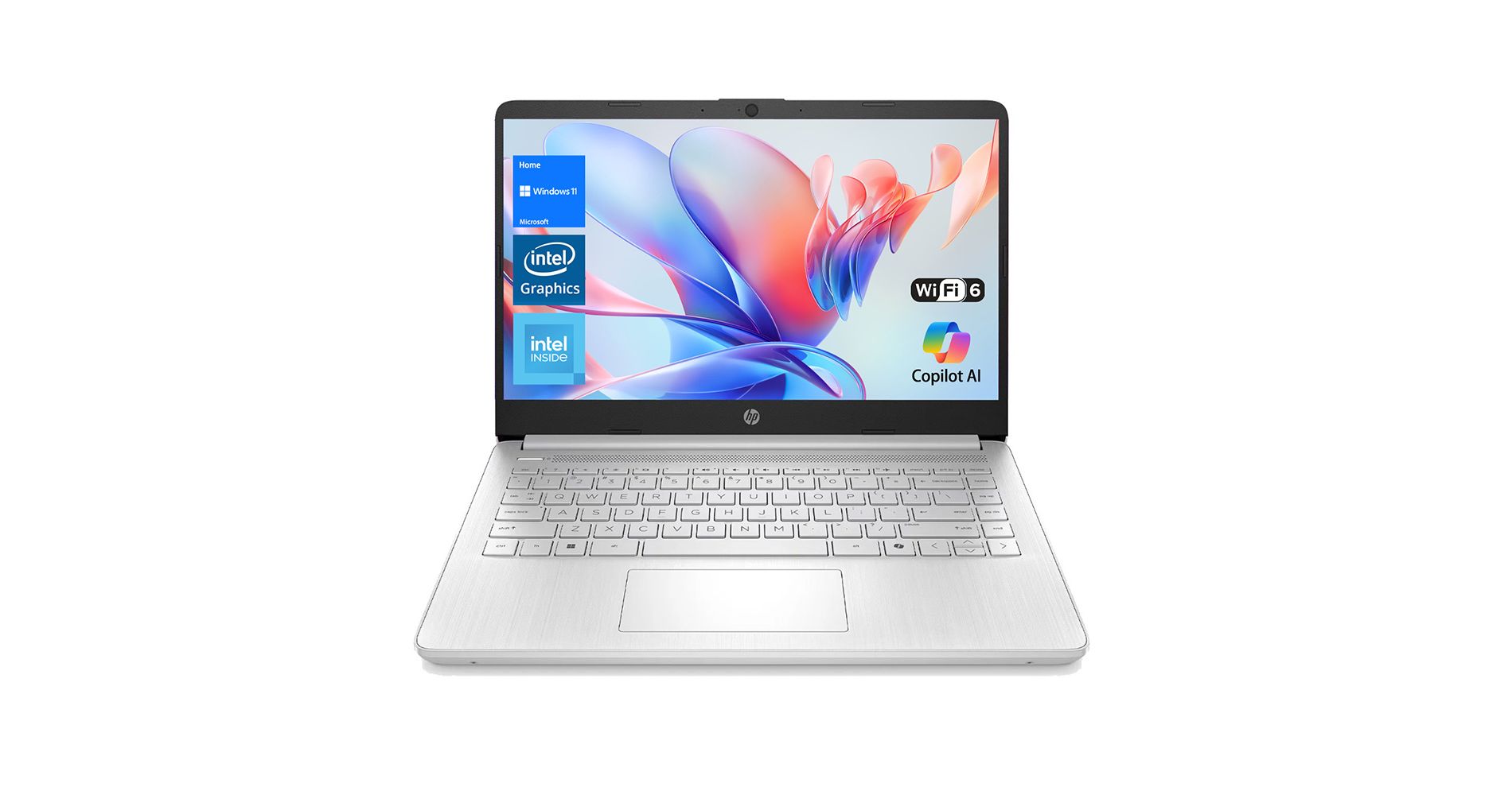 HP Essential 14 Laptop, 14" HD 60Hz, Intel N-Series N150, Intel Graphics, 16GB DDR4 SODIMM, 128GB eMMC, Wi-Fi 6, Windows 11 Home, Silver
