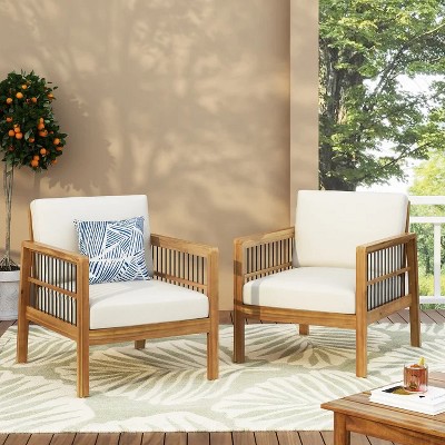 VYNXARIA Set of 2, Acacia Wood Outdoor Club Chair, Deep Seating with Soft Cushion, Porch Chairs for Garden,Backyard Porch Balcony,Beige Cushion