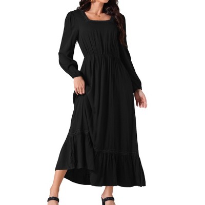 Seta T Women's Boho Long Sleeve Square Neck Elastic High Waist A-Line Maxi Dress with Pockets