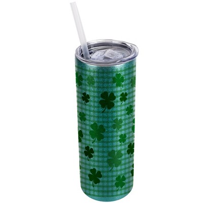 Elanze Designs Green Turquoise Blue 20 Ounce Double Wall Stainless Steel Glitter Travel Tumbler With Sliding Lid And Straw, Plaid, Shamrock