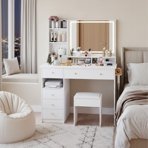 FONTOI 29.2"W/37"W/41"W Makeup Vanity Table Desk with Mirror Left Bedside Cabinet Stool Dresser Set for Woman Bedroom Dressing Room, Black/White - 1 of 4