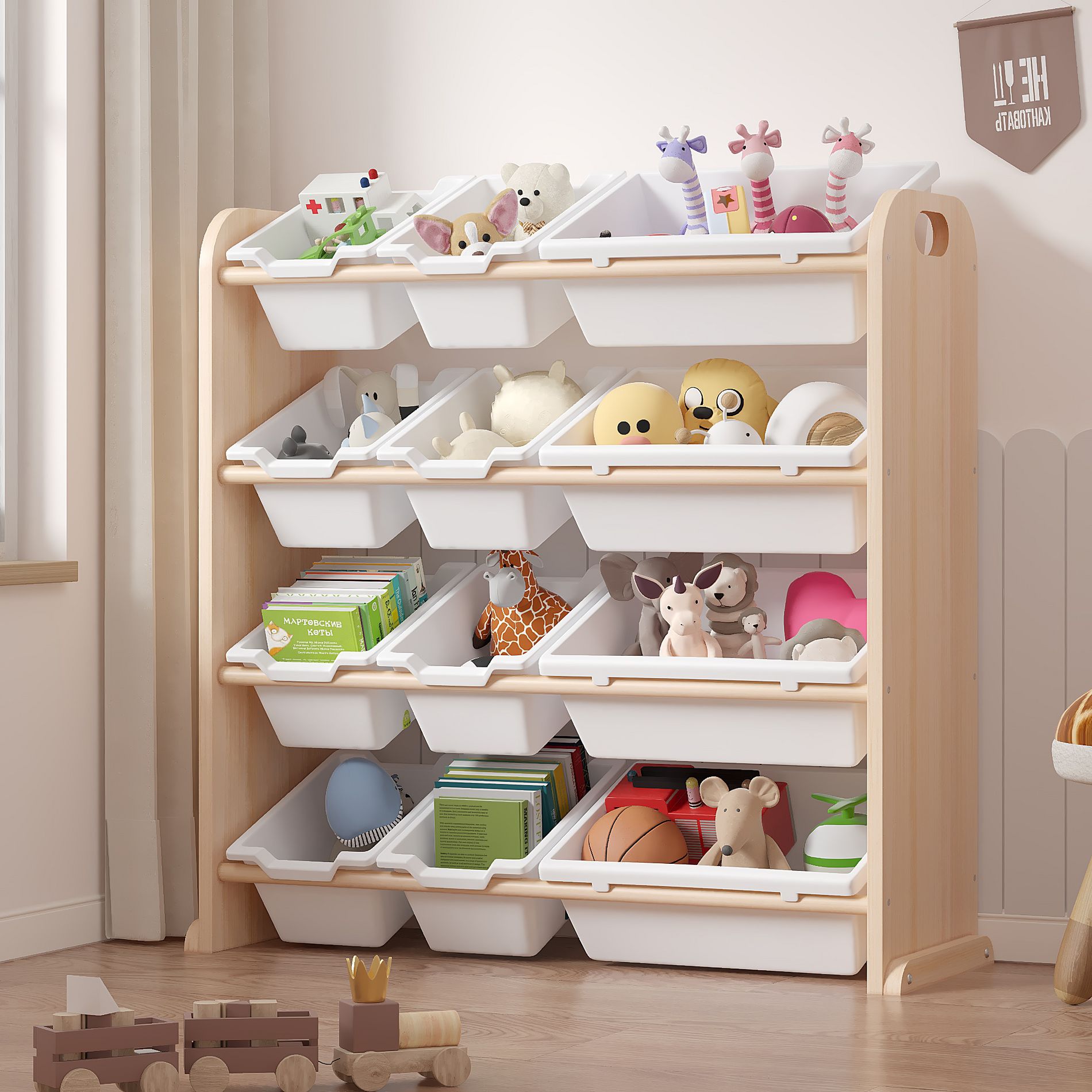 VECELO Kids Bookshelf Toy Storage with 12 Bins, Wooden Toy Rack for Toddlers, Large-Capacity Playroom Storage for Books or Toys