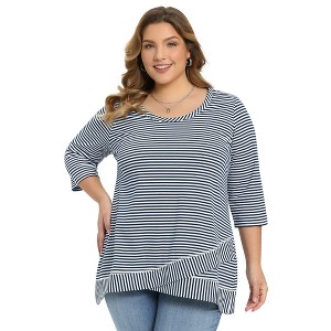 Women's Plus Size Striped Scoop Neck 3/4 Sleeve Crossover High Low Hem Loose Casual Blouse - GRACE & GRANDEUR - 1 of 4