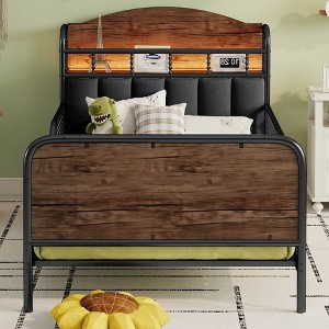 Aortzio Twin Size Metal Platform Bed,Floor Bed with Light,Guardrails&Storage Headboard - 1 of 4
