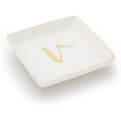 Juvale Letter V Ceramic Trinket Tray, Monogram Initials Jewelry Dish for Ring (4 Inches)