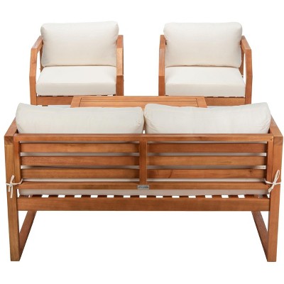 Natural Eucalyptus Wood 4-Piece Outdoor Living Set with Beige Cushions
