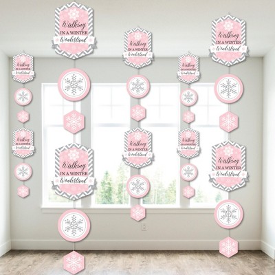 Big Dot of Happiness Pink Winter Wonderland - Holiday Snowflake Birthday Party & Baby Shower DIY Dangler Backdrop - Hanging Vertical Decor - 30 Pieces