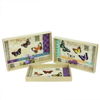 Northlight Set of 3 Vintage-Style Butterfly Wooden Rectangular Serving Trays 19" - Purple/White