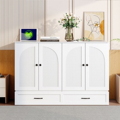 Foldable Full Size Murphy Bed with Drawers and USB Port,Space-Saving Cabinet Bed with Rattan Doors-The Pop Home