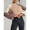 Coolmee Women Winter Midweight Cropped Sweater High Neck Long Sleeve Color Block Pullover Rib Knit Blouse Tops - 2 of 4