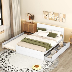 Okak Platform Bed Frame with Twin Trundle Modern Bed with High Gloss Headboard Strong Wood Slats No Springs Required Easy to Assemble - 1 of 4