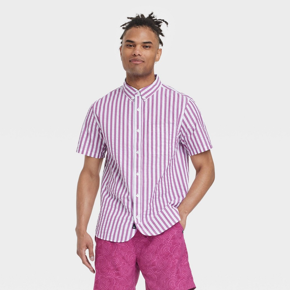 Houston White Adult Short Sleeve Seersucker Striped Button-Down Shirt - Burgundy L