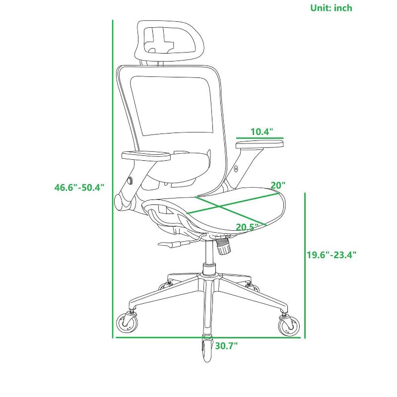 Ergonomic Mesh Office Chair-Adjustable Headrest with Flip-Up Arms, Tilt and lock Function, Lumbar Support and Blade Wheels, Metal legs-The Pop Home, 2 of 10