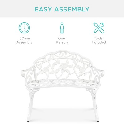 Elegant Antique-Style Rose Accented White Metal Garden Bench