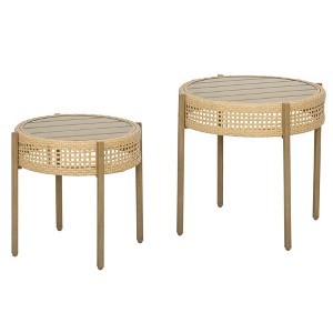 Outsunny Slatted Metal Top Wicker Patio Table Set, 2 Piece Round PE Rattan End Table Set, Brown - 1 of 4