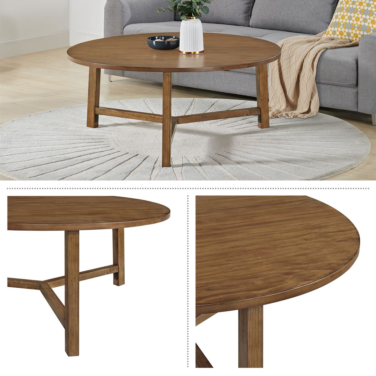 Alaterre Furniture Newbury 44-inch Round Coffee Table, Solid Wood Farmhouse Living Room Table, Pecan Finish - thumbnail 2