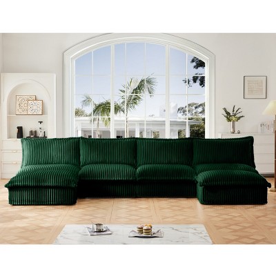 Upholstered Sectional Sofa, 4 Seater Armless Sectional Sofa with Reversible Ottoman, Sectional Sofas with Corduroy Fabric-Cuddlewood