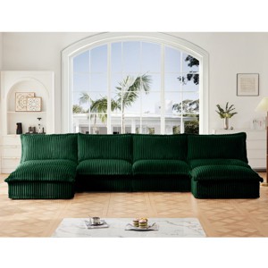 Upholstered Sectional Sofa, 4 Seater Armless Sectional Sofa with Reversible Ottoman, Sectional Sofas with Corduroy Fabric-Cuddlewood - 1 of 4