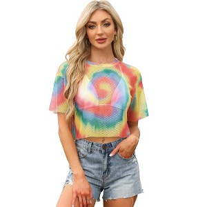 INSPIRE CHIC Women's Crew Neck Tie Dye Fishnet Short Sleeve See Through Sheer Crop Blouses - 1 of 4