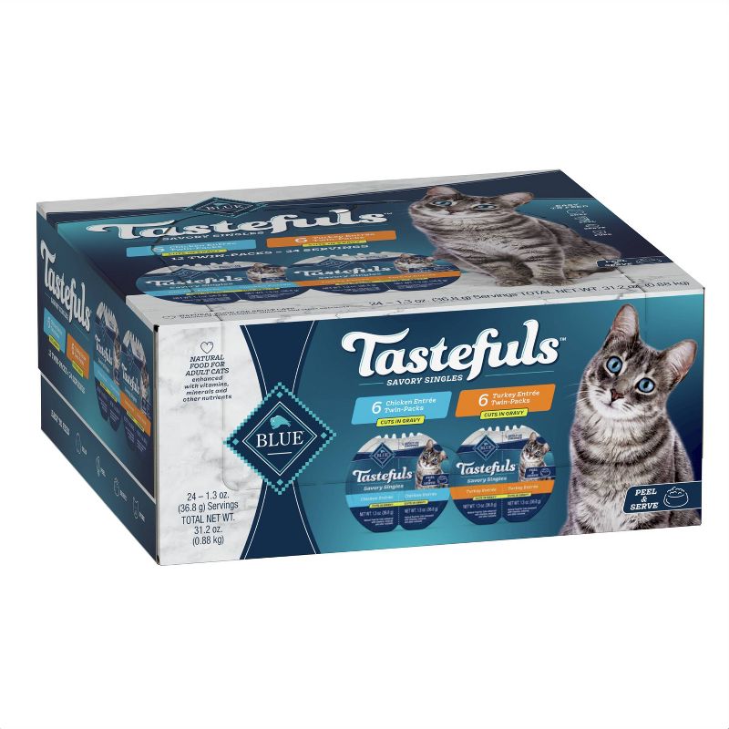 Blue Buffalo Tastefuls Savory Singles Adult Cuts in Gravy Wet Cat Food Variety Pack with Chicken and Turkey Entr&#233;e - 12ct/31.2oz, 1 of 12