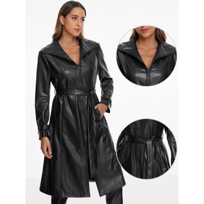 INSPIRE CHIC Women's Faux Leather Lapel Long Sleeve Zip Casual Long Coat Black Medium — фото 2