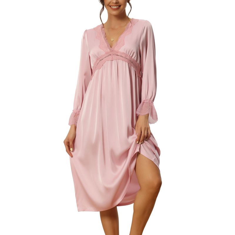 cheibear Womens Satin Nightgowns Long Sleeve Lace Trim V-Neck Pajama Dress, 1 of 6
