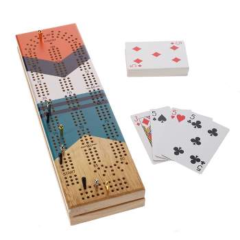 Pacific Shore Games Wooden Cribbage Board Game Set, Continuous 3 Track, Nautical Print