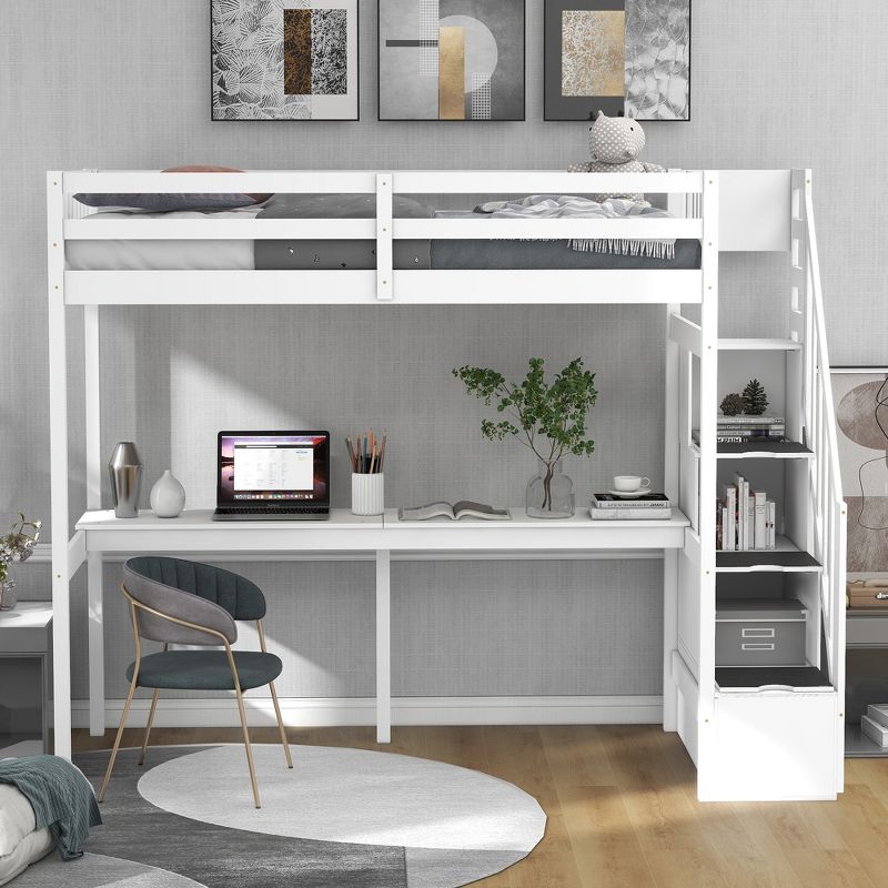 Twin Size Loft Bed with Storage Staircase and Built-in Desk-ModernLuxe, 2 of 11