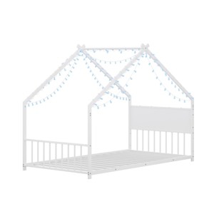 TopComfy Beds Twin Size House Bed with Roof and Colorful Metal Bed Frame with Slats and Legs No Box Spring Needed for Kids, White, 78.5"*40.94"*58.36" - 1 of 4