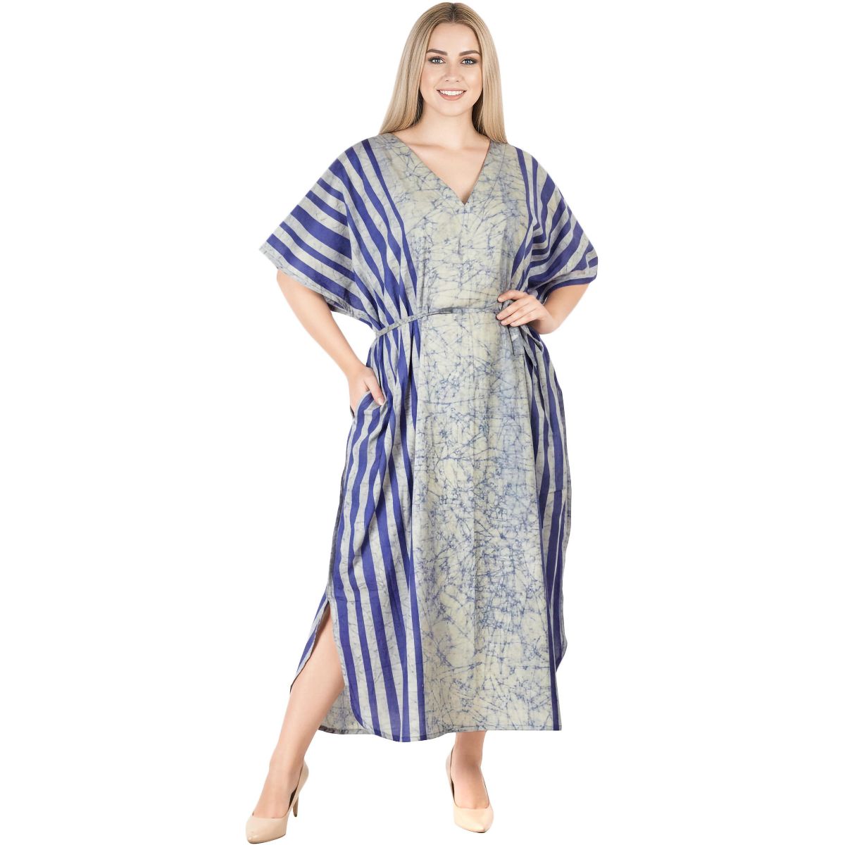 LA LEELA Summer Cotton Vacation Ready Caftan Dress for Women Resortwear Cruise Holiday Travel Loungewear Style 2X-3X Blue Stripe