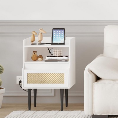 Rattan Nightstand Set of 2, Side Table with Charging Station, Drawer and 2 Open Storage Shelves for Bedroom, Dorm and Small Spaces, White
