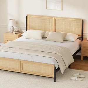 Bed Frame with Natural Rattan Headboard and Footboard, Wooden Platform No Box Spring Needed, 14 inch Noise-Free Metal Bedframe - 1 of 4