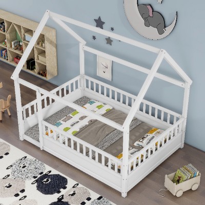 Lyngins Kids' Floor Bed Frame with Wooden House Roof & High Fence Guardrails, Pine Wood Twin Size Toddler Bed/Child Bed, Easy Assembly