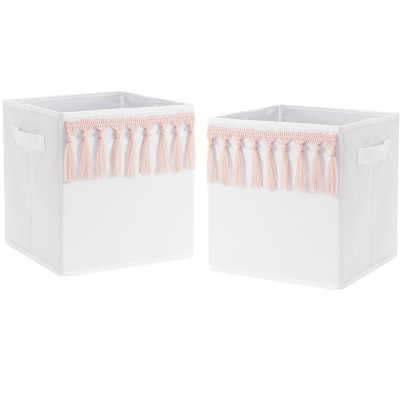 Image of Sweet Jojo Designs Girl Set of 2 Kids' Decorative Fabric Storage Bins Boho Fringe White and Pink