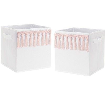 Sweet Jojo Designs Boho Bohemian Foldable Fabric Storage Cube Bins Boxes Organizer Toys Kids Baby Children - Set of 2 - Blush Pink White Farmhouse