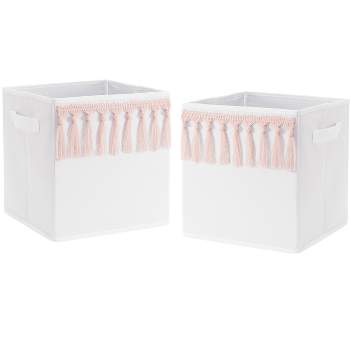 Sweet Jojo Designs Girl Set of 2 Kids' Decorative Fabric Storage Bins Boho Fringe White and Pink