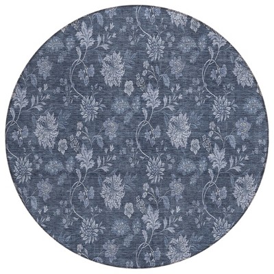 Denim Blue And Navy Blue Floral Washable Indoor Outdoor Area Rug