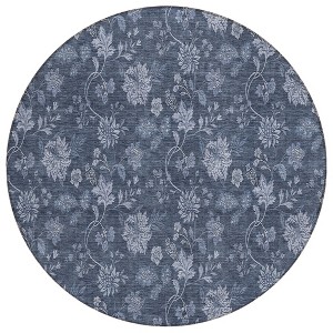 Denim Blue And Navy Blue Floral Washable Indoor Outdoor Area Rug - 1 of 4