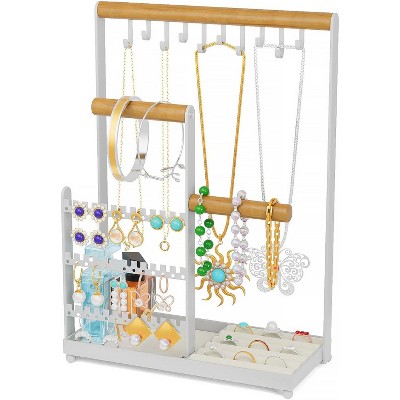 Jewelry Display Rack with 36 Holes Earring Holder, 10 Hooks Necklace Organizer, Velvet Ring Holder Dish