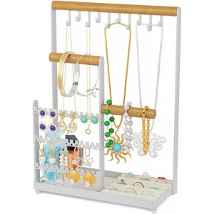 Jewelry Display Rack with 36 Holes Earring Holder, 10 Hooks Necklace Organizer, Velvet Ring Holder Dish - 1 of 4